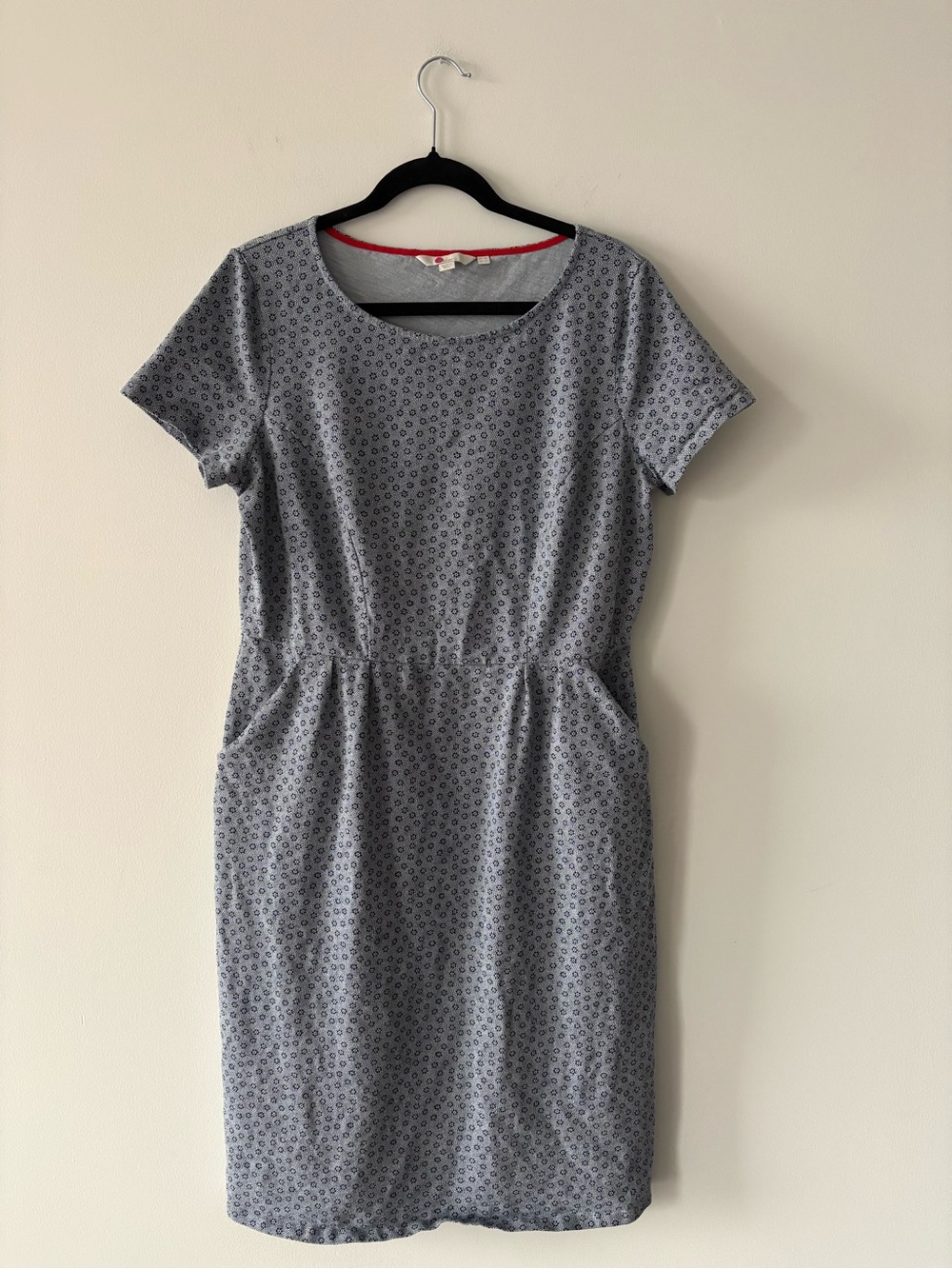 Boden Phoebe Jersey Dress Floral Dot Print Navy Blue Pockets 12L 100% Cotton